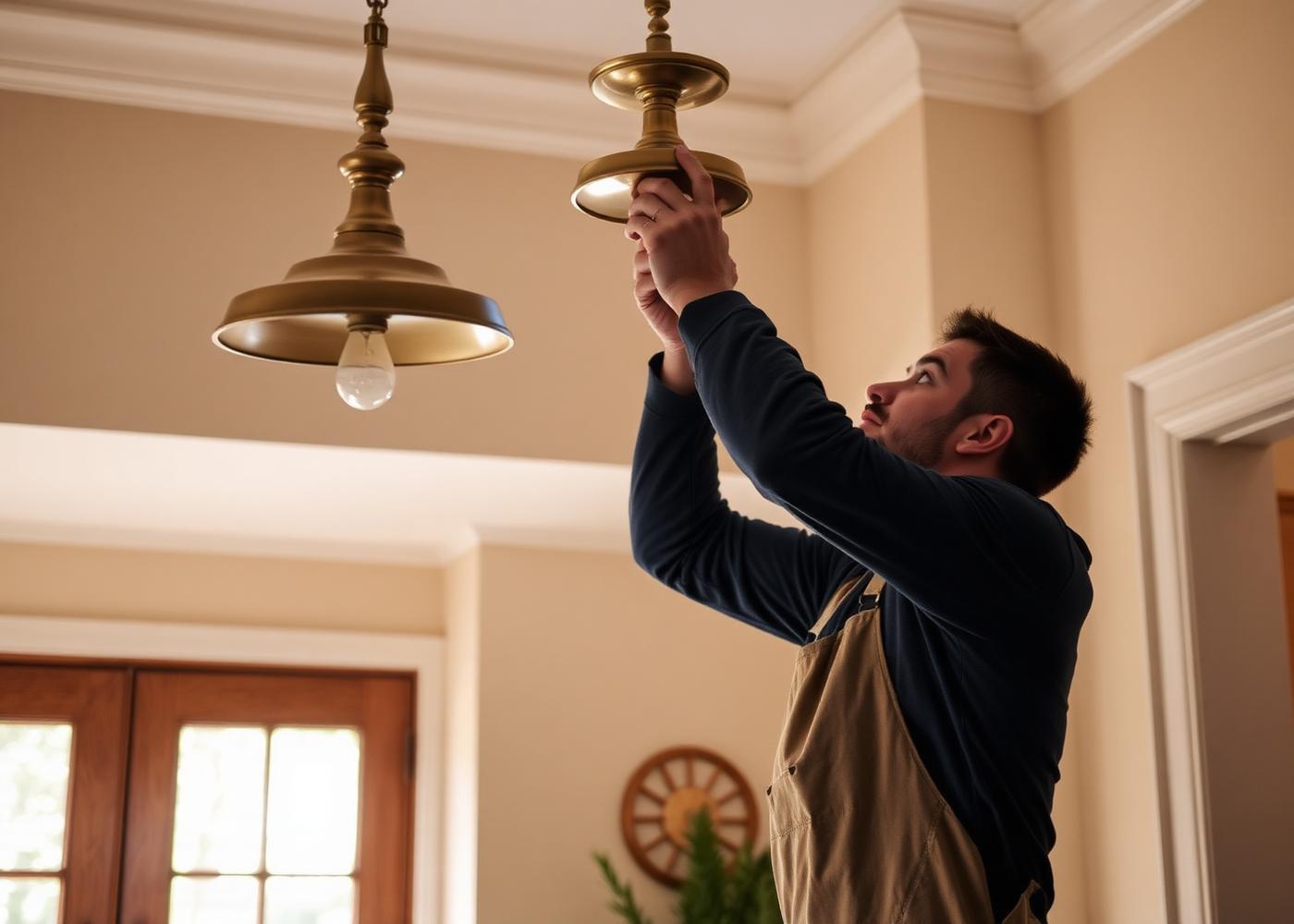 A professional carefully installing a brass fixture inside a warm Austin home interior