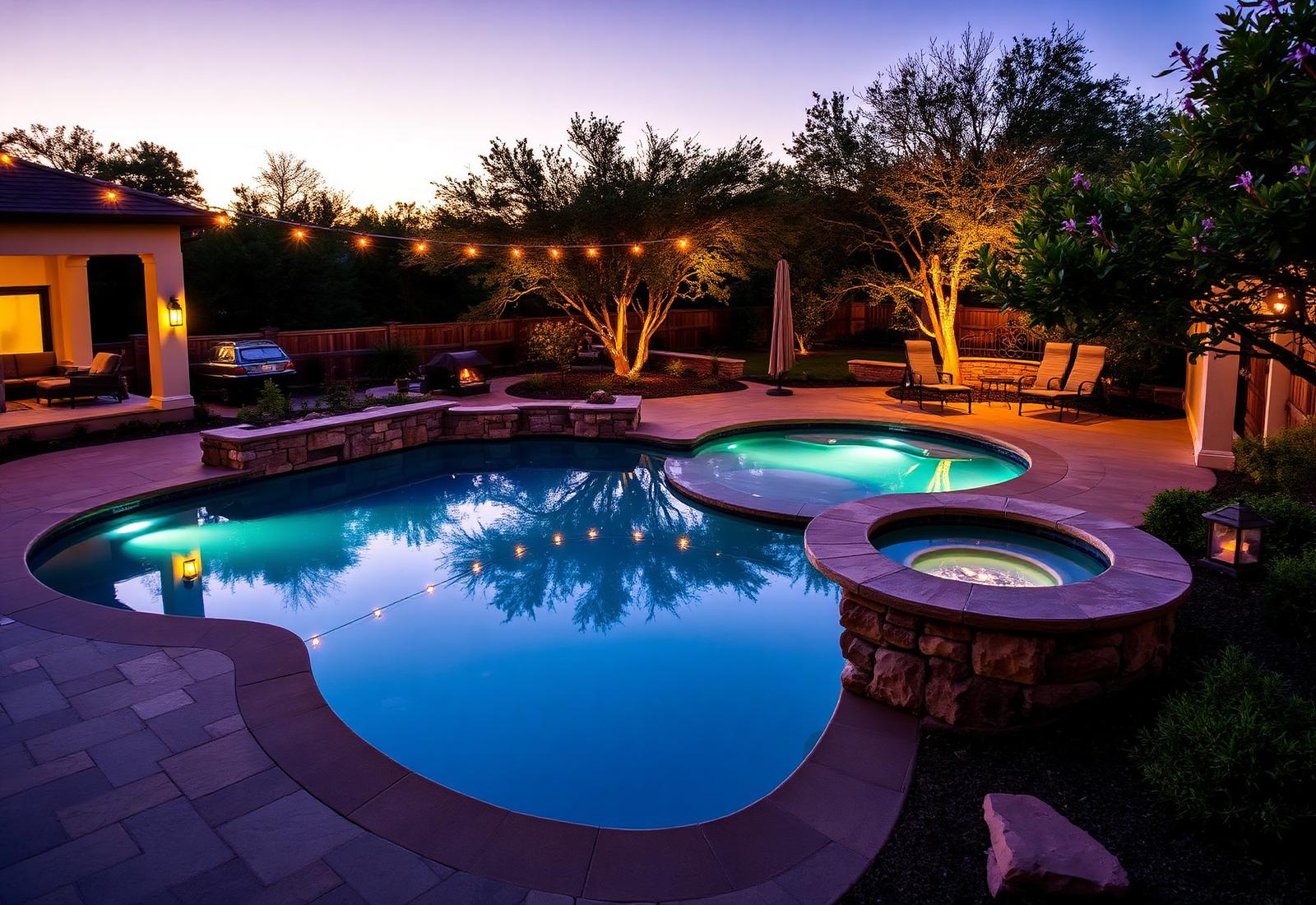 Elegant Austin backyard pool at dusk with limestone patio and string lights